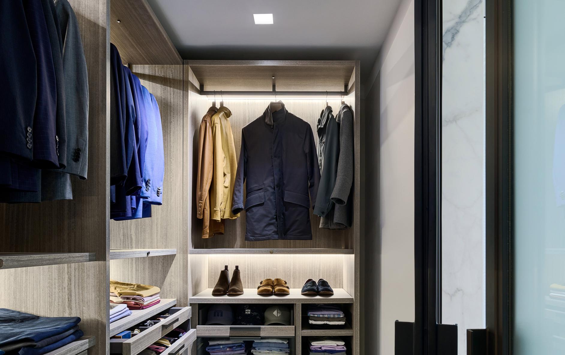 Rania D2 downlight being shown in a walk-in closet.