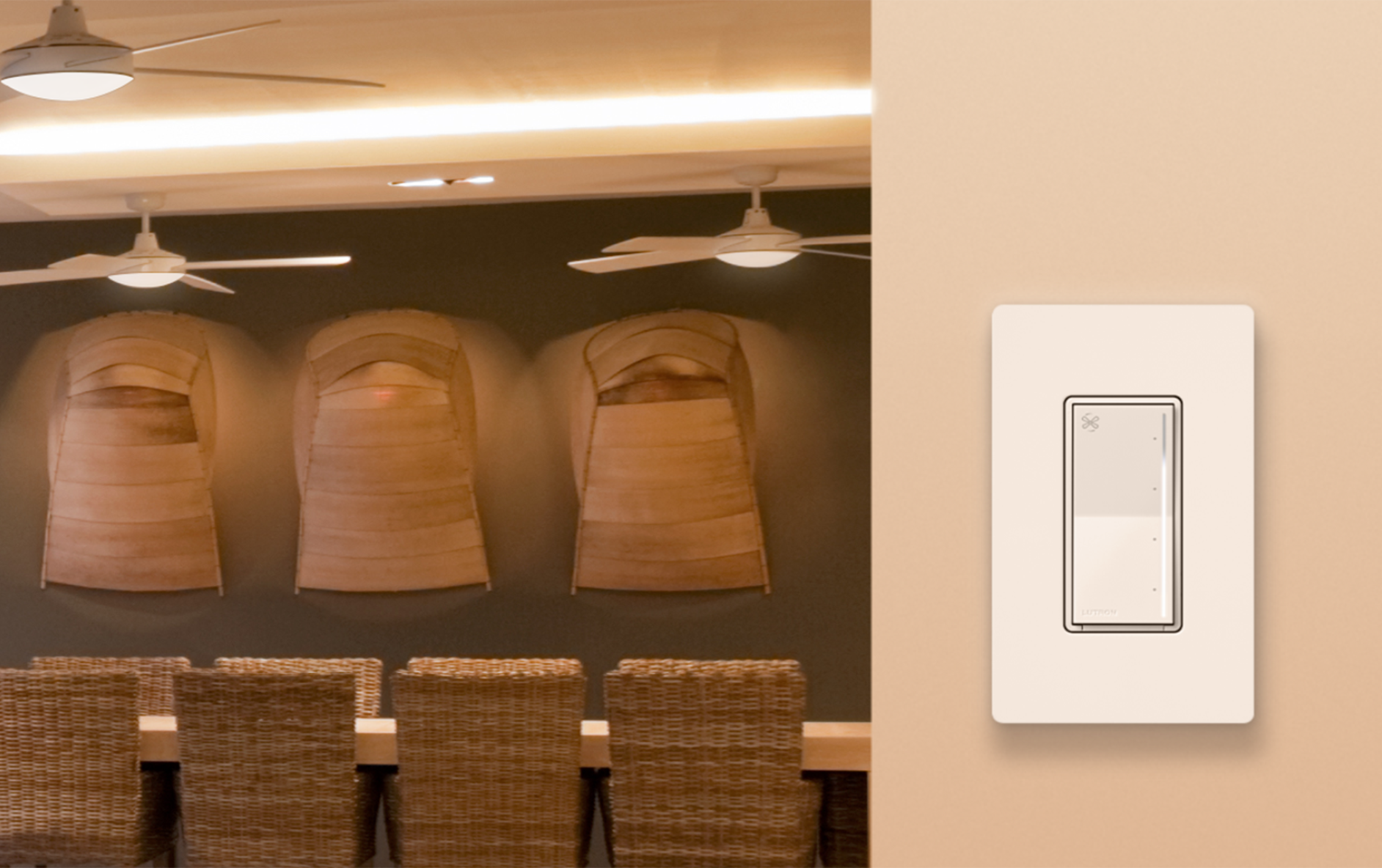 Sunnata touch fan control installed in contemporary kitchen setting with multiple ceiling fans