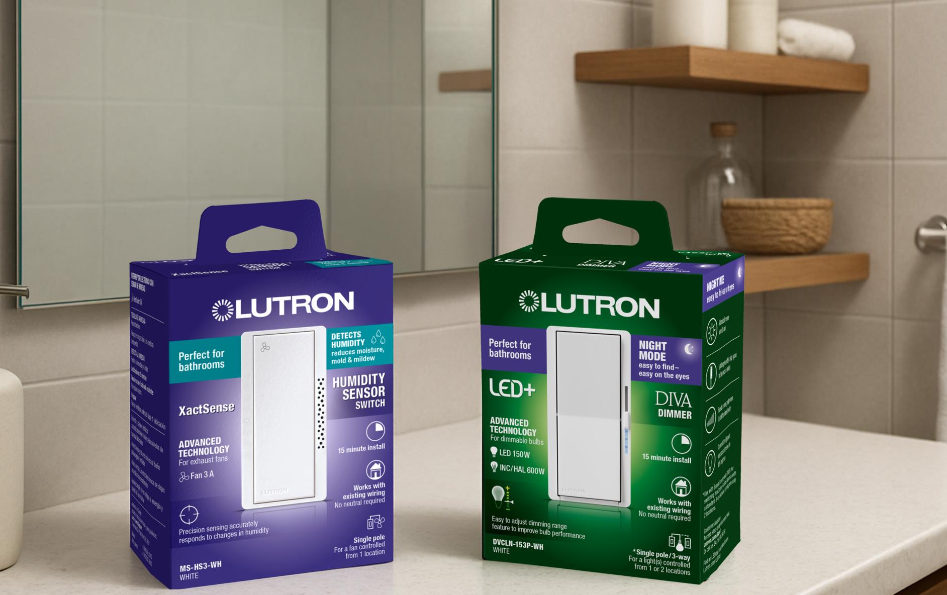 The Humidity Sensor Switch and Diva Dimmer with Night Mode packages on a bathroom counter.