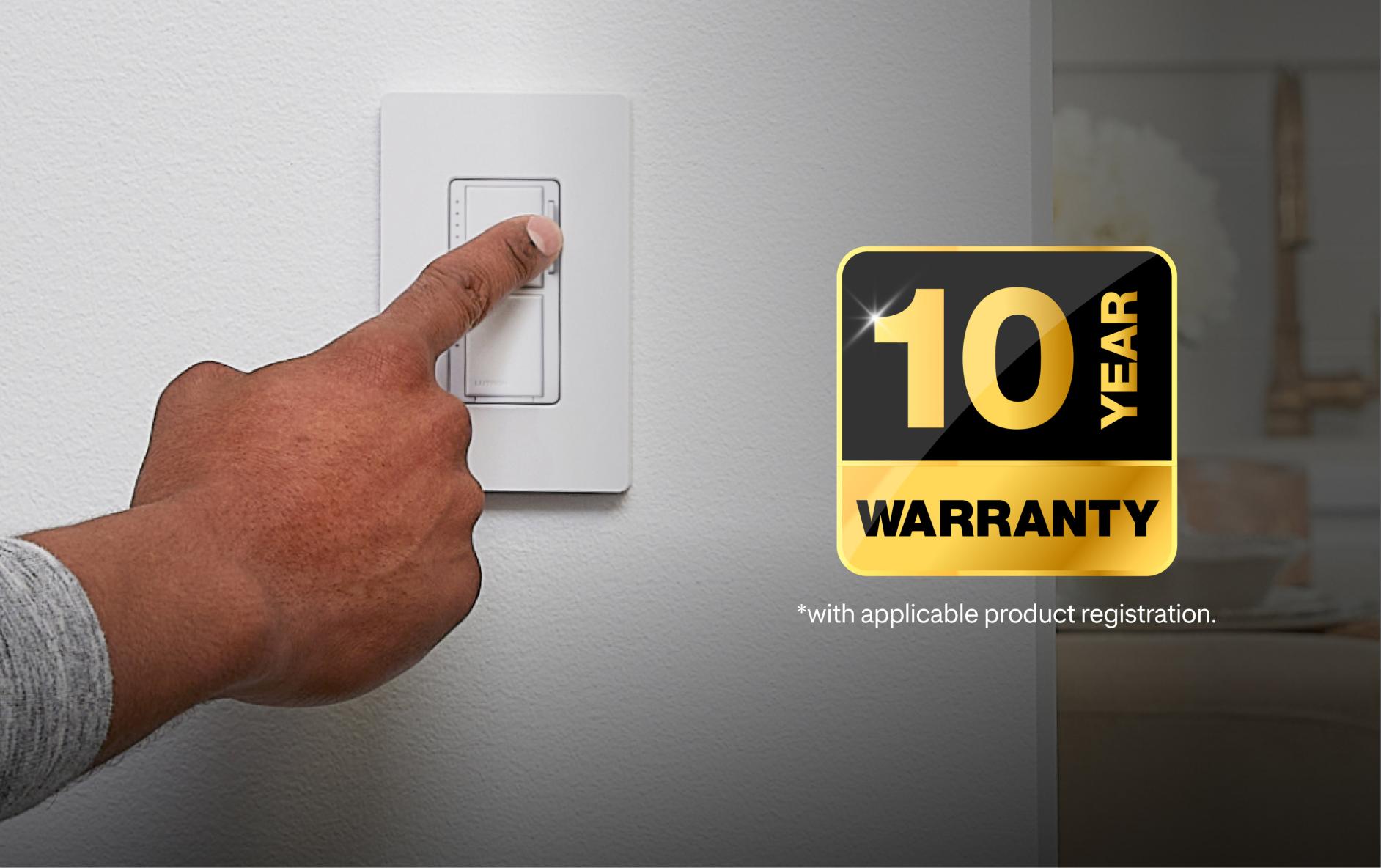 A homeowner using their switch and a graphic talking about the 10-year product warranty.