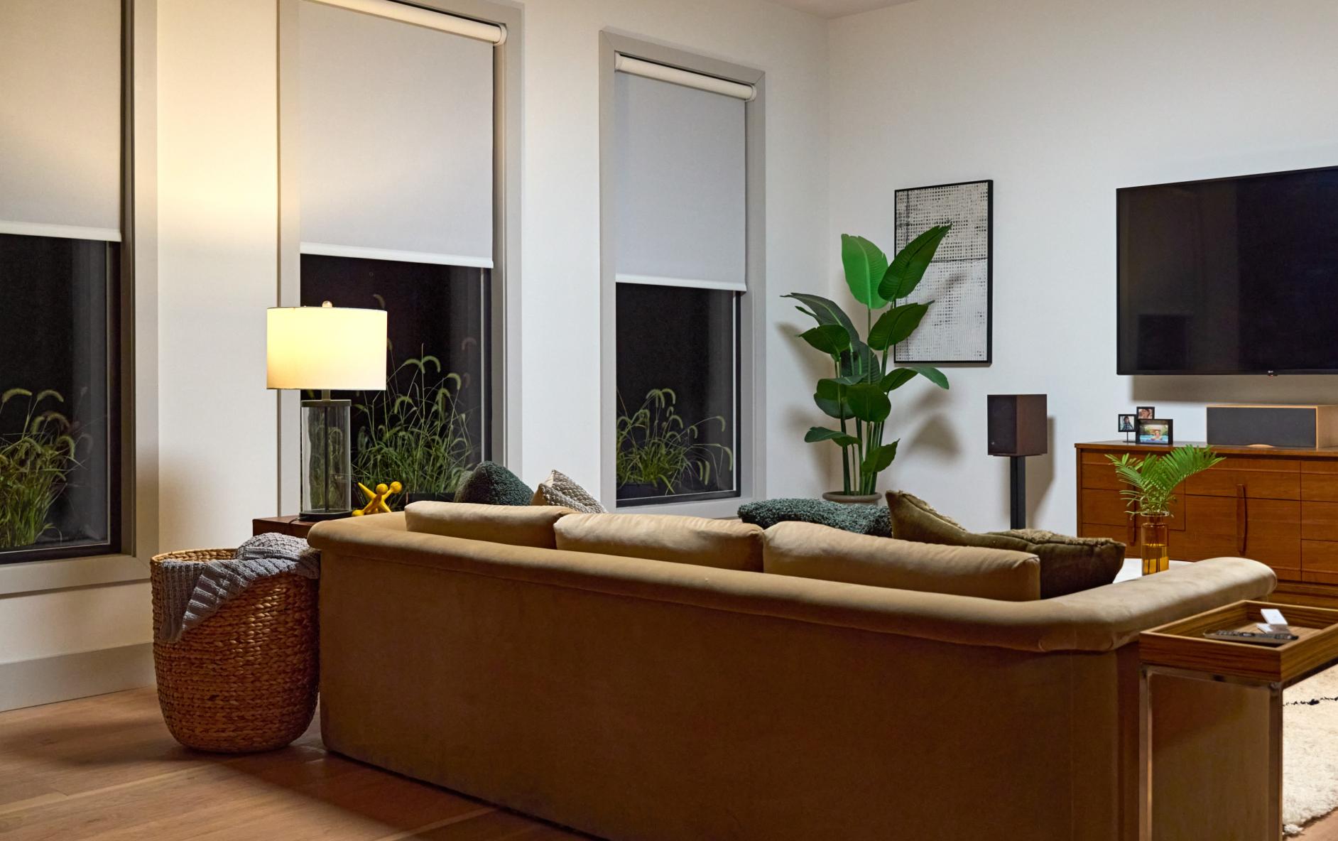 Modern living room at night with roller shades drawn, a brown sofa, indoor plants, and a wall-mounted TV