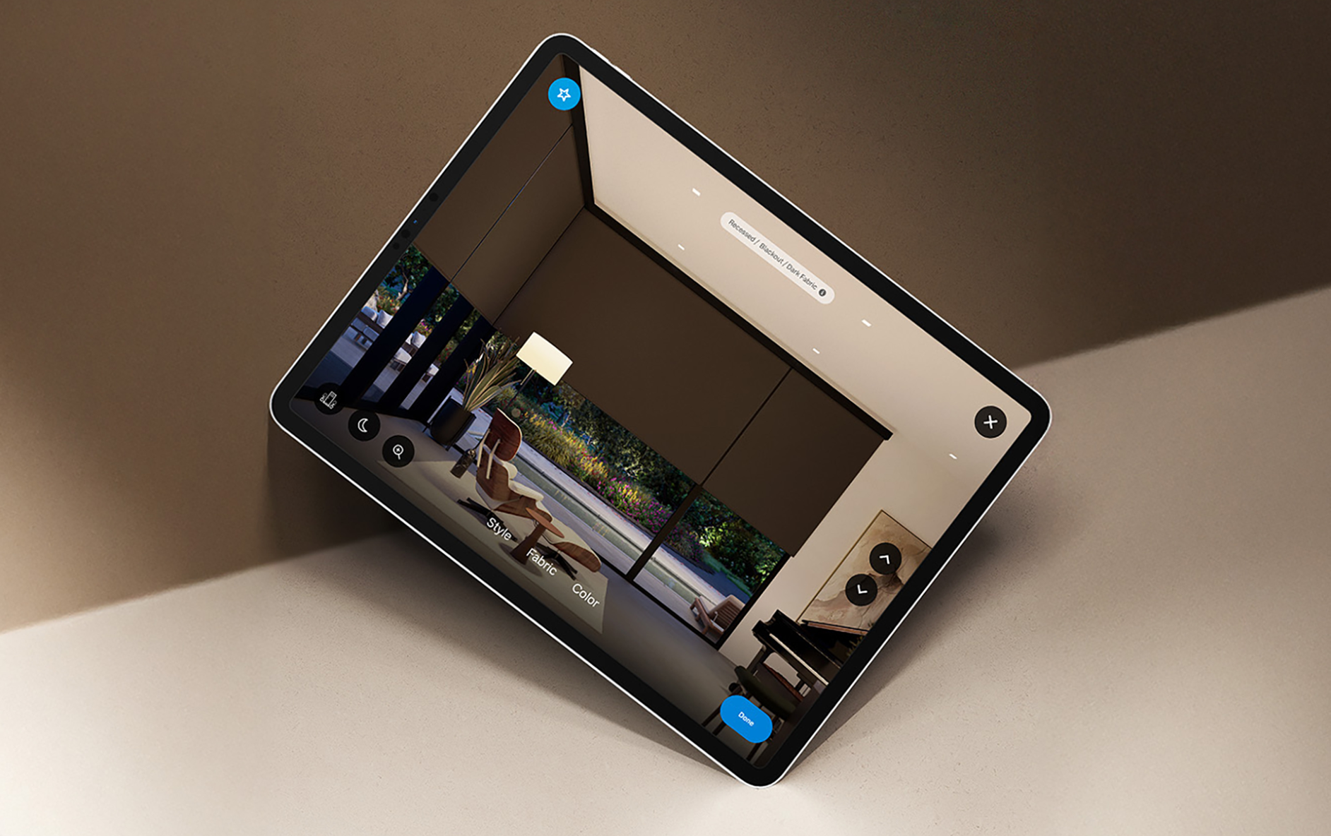 Lutron Luxury Experience App on an Pad, featuring interactive design visualization tools.