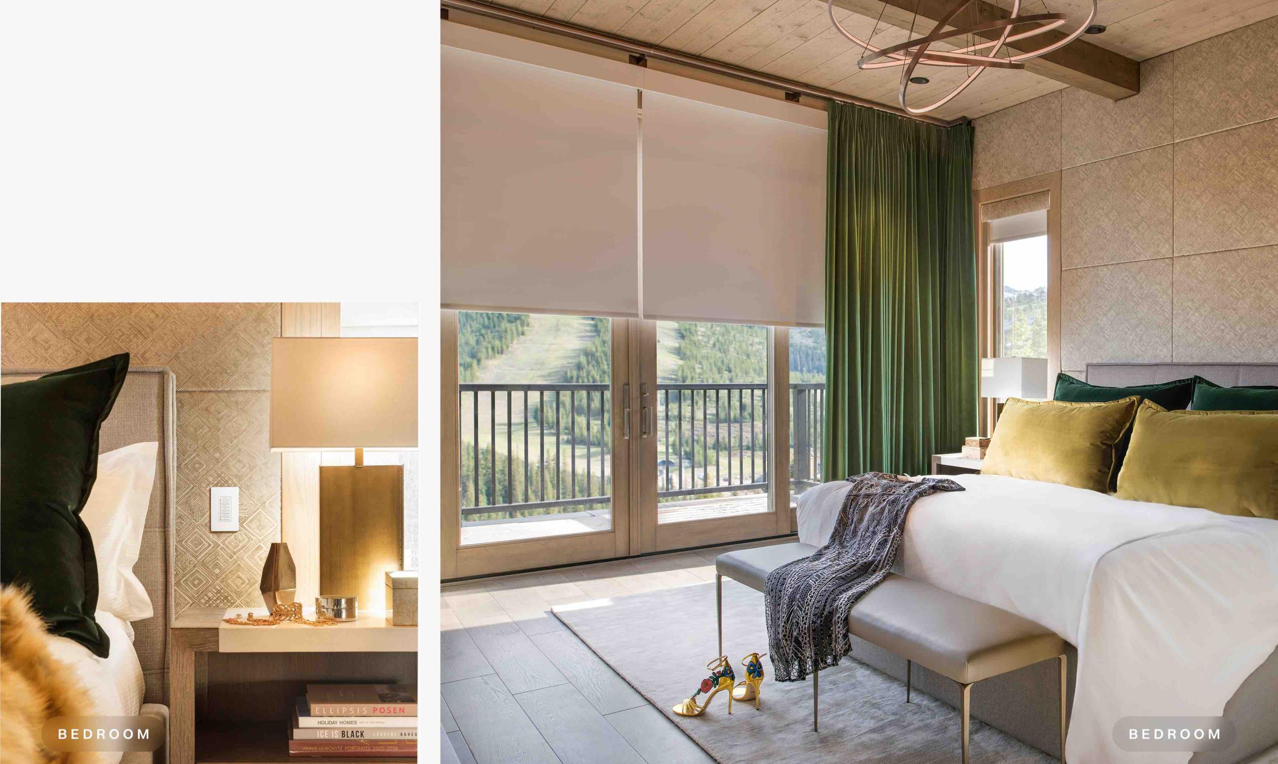 Two bedroom views showing a nightstand setup on the left and a room on the right with roller shades and a made bed.