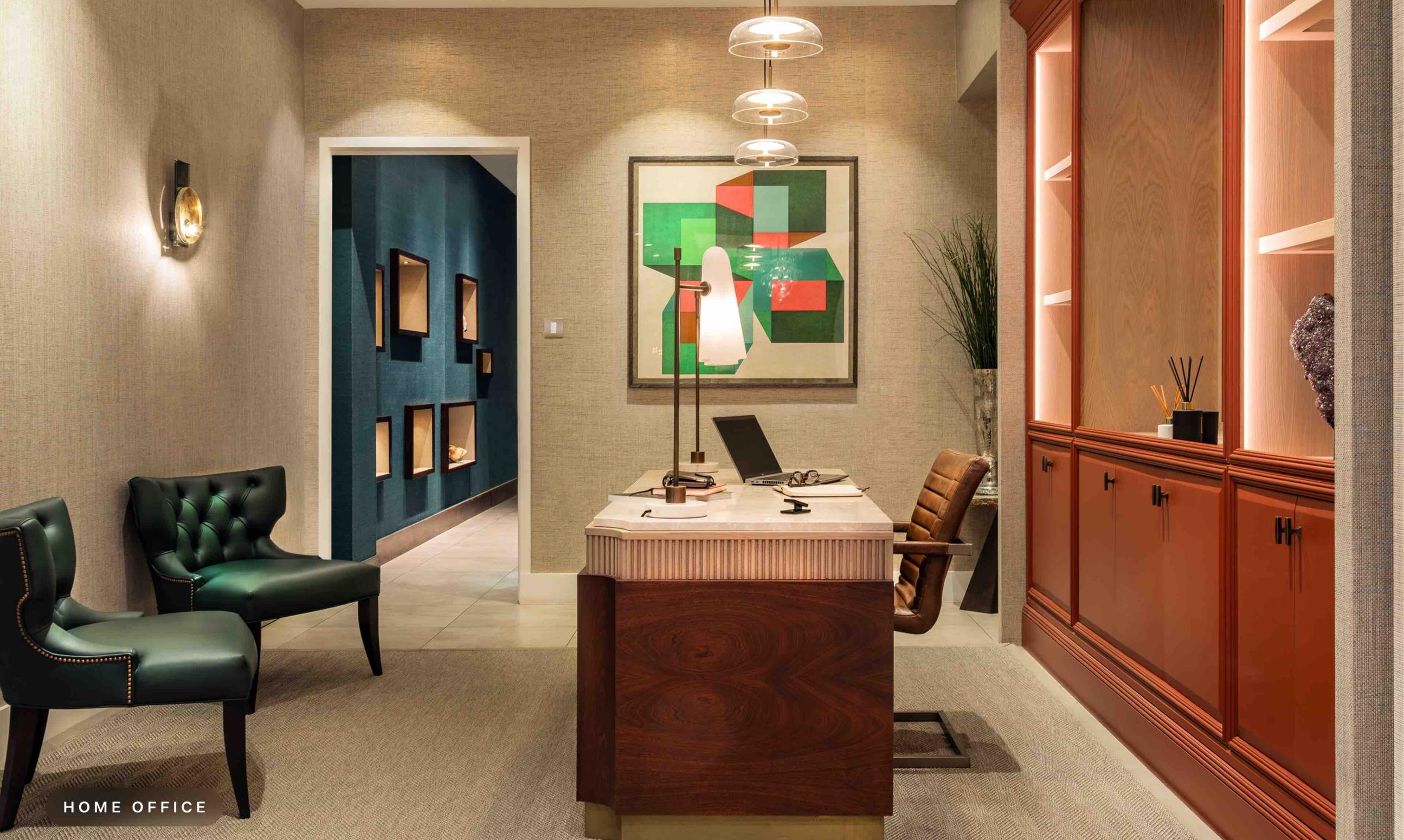 Home office with layered lighting that supports focus and comfort, providing balanced illumination throughout.