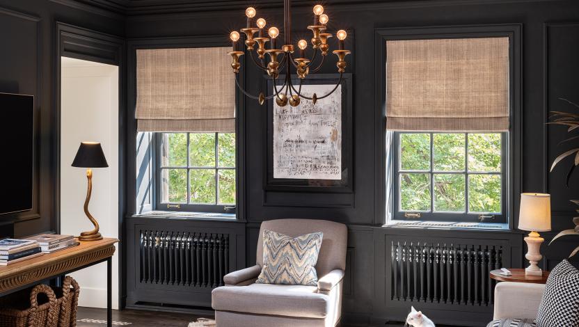 Motorized Lutron shades in a family room