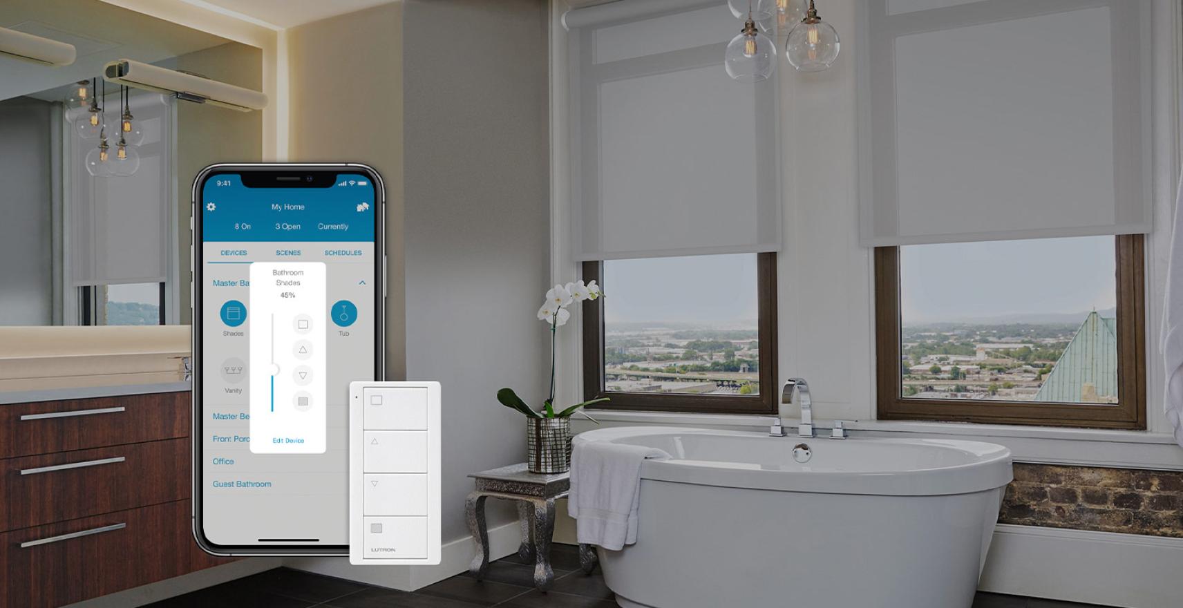 Lutron app on a phone and Pico remote controlling motorized shades