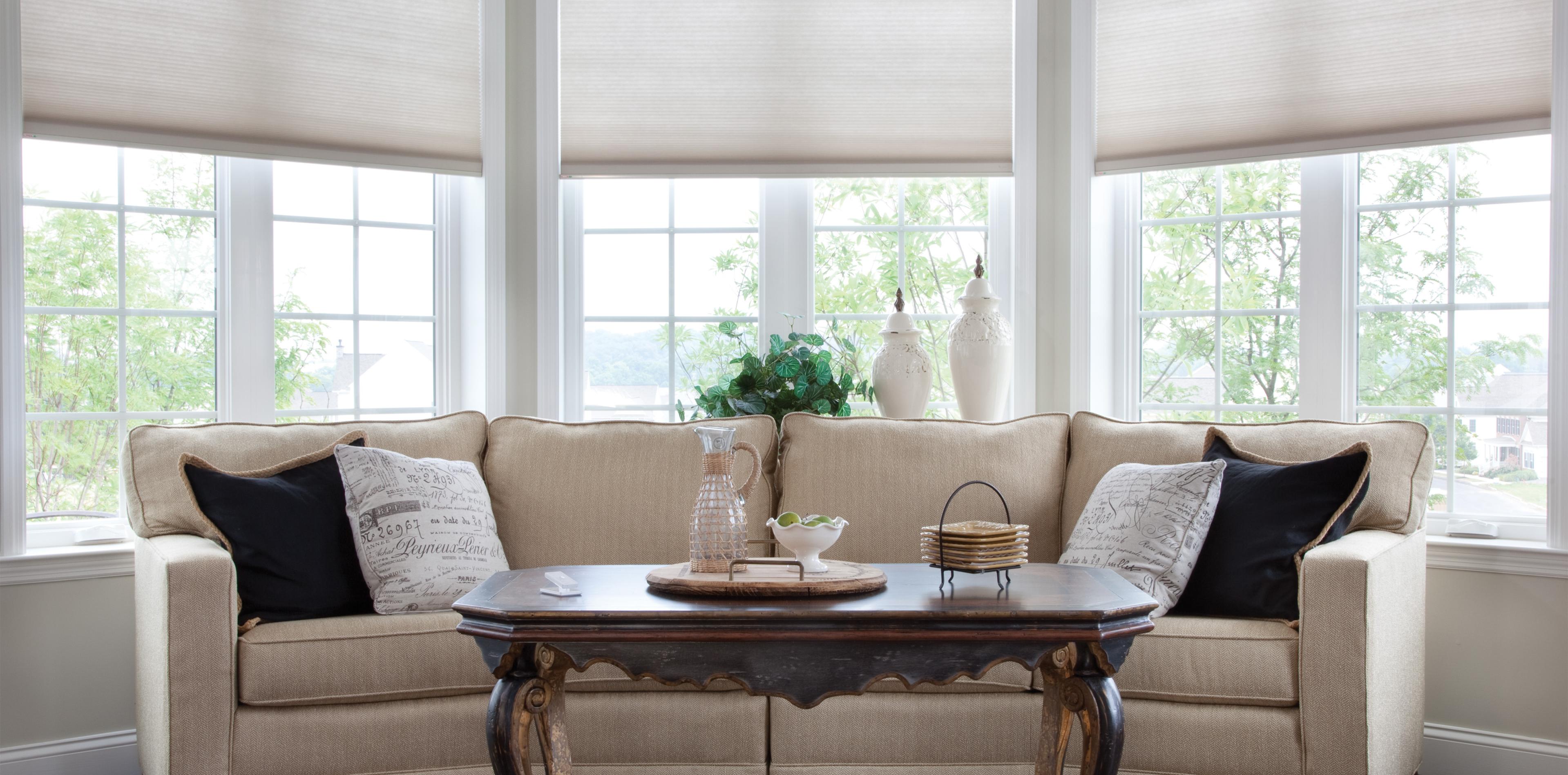 Motorized Lutron shades across a wall of great-room windows