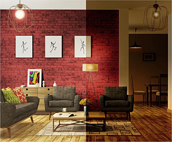 Split Image showing how a dimmer effects the room. Red wall with white paintings in the background with black chairs and a wood coffee table in the foreground.